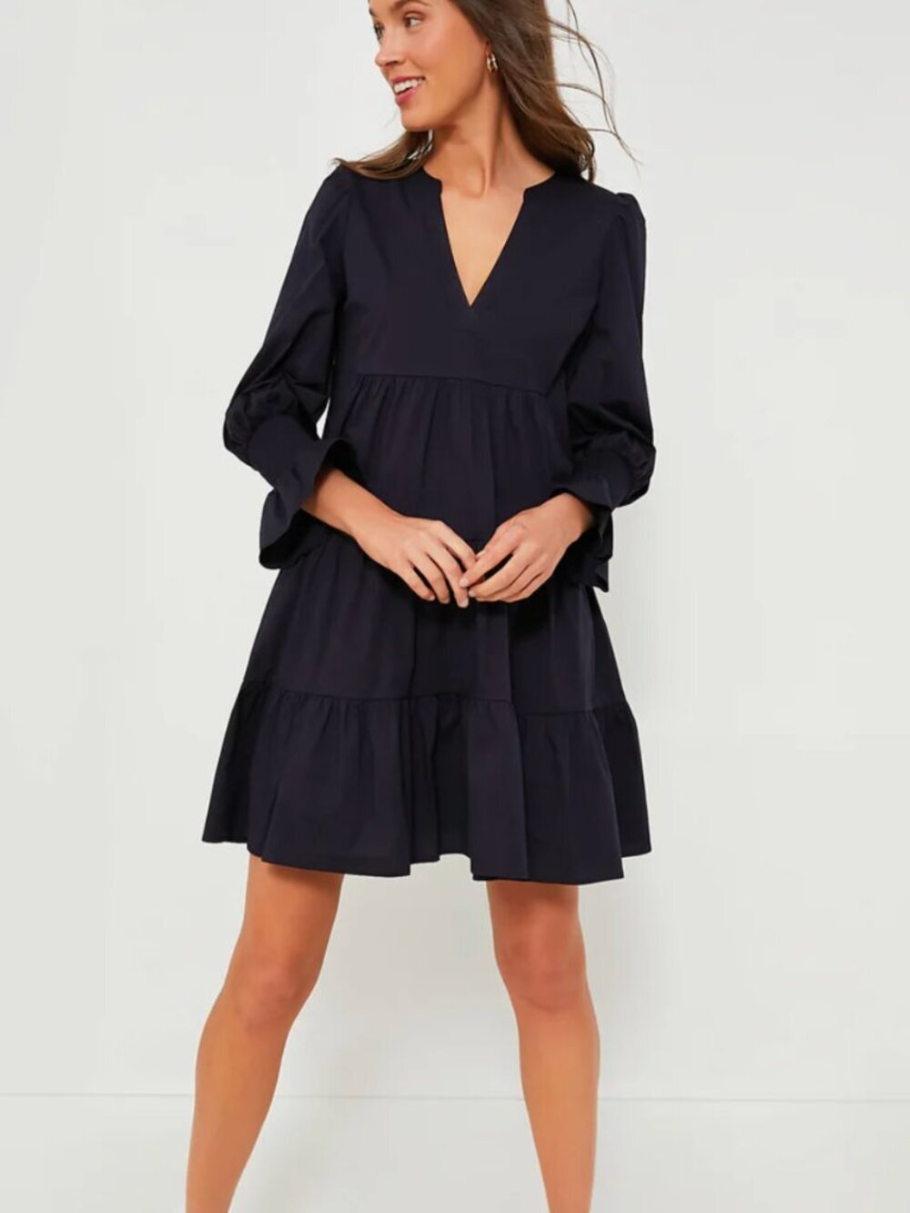 Pomander Place Tuckernuck Kenzo Mini Dress V-Neck Tiered Long Sleeve Navy Small